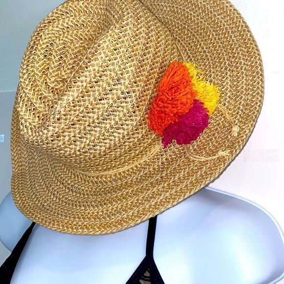 DPC Dorfman Pacific Wide Brim Paper Hat With Colored Pompoms - Picture 5 of 13